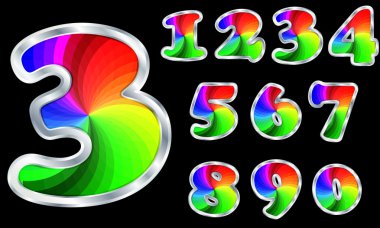 Colorful numbers, rainbow numbers with silver frame, vector illustration clipart