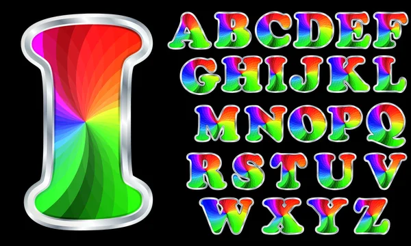 Alfabeto colorido, letras de arco iris con marco de plata, ilustración vectorial — Vector de stock