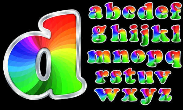 Alfabeto colorido, letras do arco-íris com moldura de prata, ilustração vetorial — Vetor de Stock