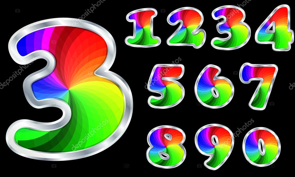 Números coloridos, números del arco iris con el marco de plata ...