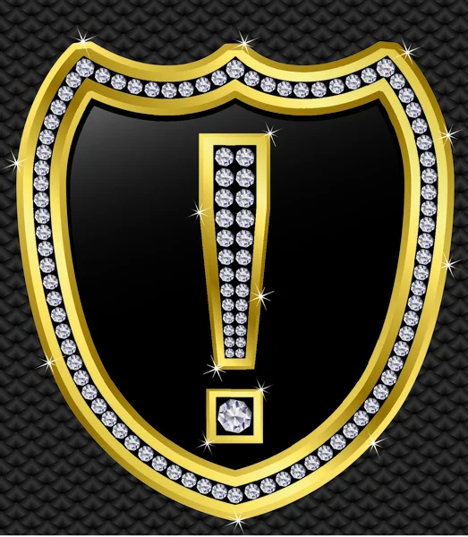 Escudo signo de exclamación, dorado con diamantes — Archivo Imágenes Vectoriales