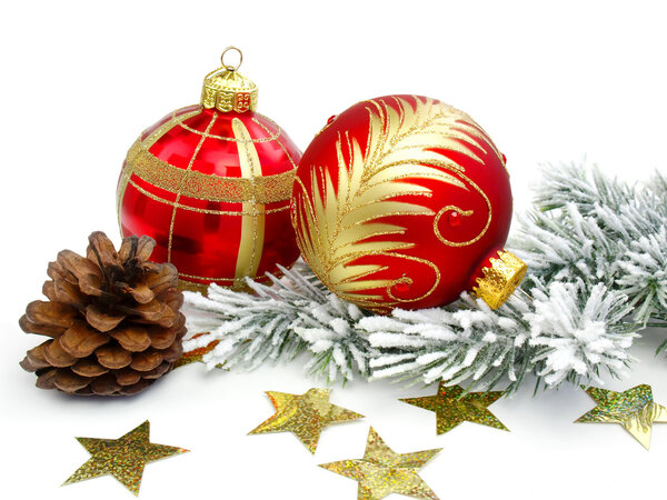 Christmas decoration with two red balls on the white background