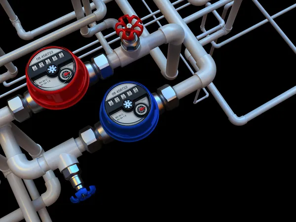 Communication of water meters and taps on a black background — Stock Photo, Image
