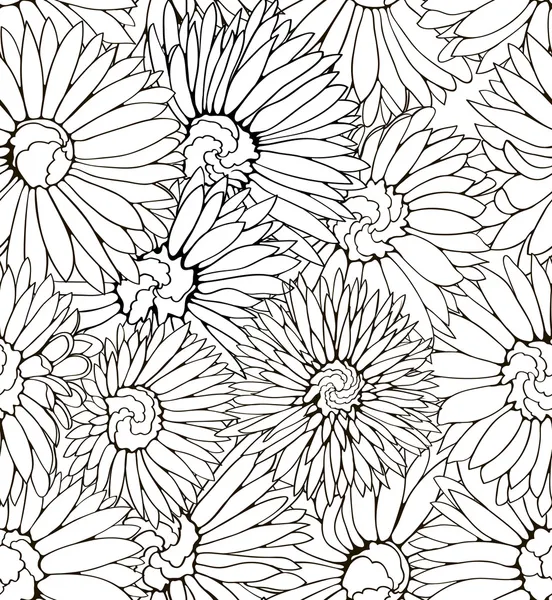 用一只手的黑色和白色花无缝图案绘制花朵 — 图库矢量图片