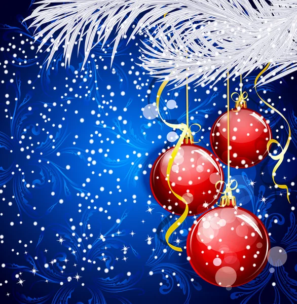 Fond de Noël bleu avec boules rouges et sapin argenté — Image vectorielle