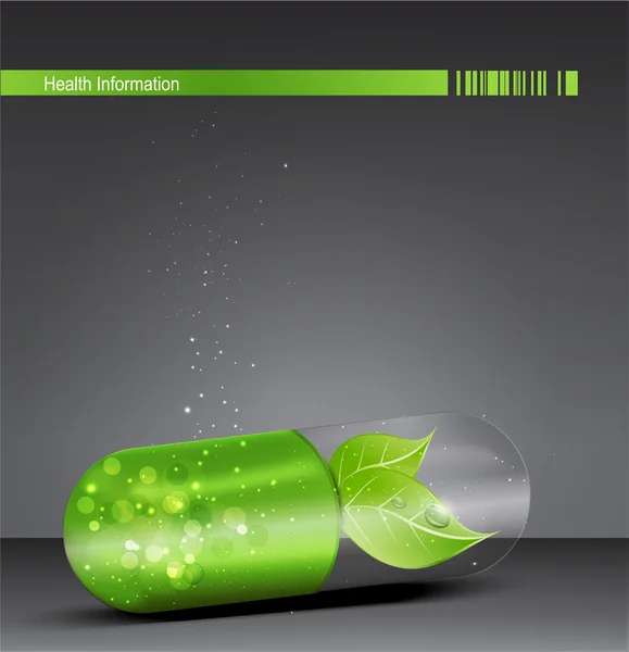 Векторный флаер на медицинскую тему с зеленой таблеткой и листком — стоковый вектор