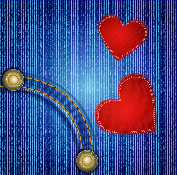 Векторный джинсовый фон с заклепкой и двумя красными сердечками — стоковый вектор