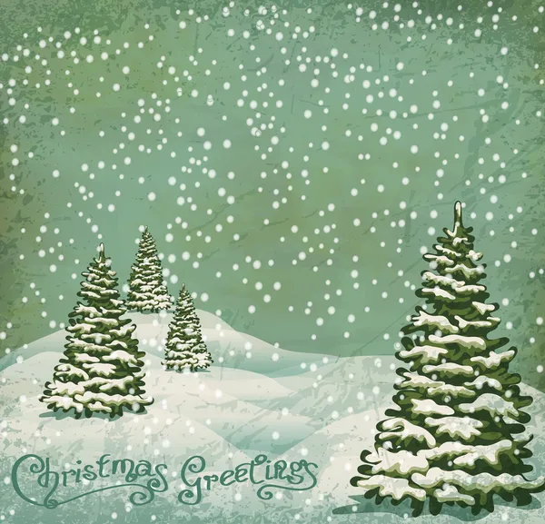 Vector vintage ansichtkaart met kerstbomen, sneeuw — Stockvector