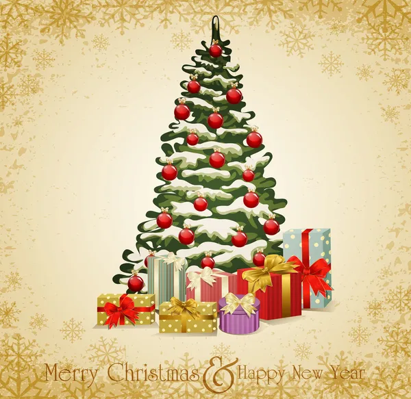 Vektor festliga inbjudan till julgran och massor av gåva — Stock vektor