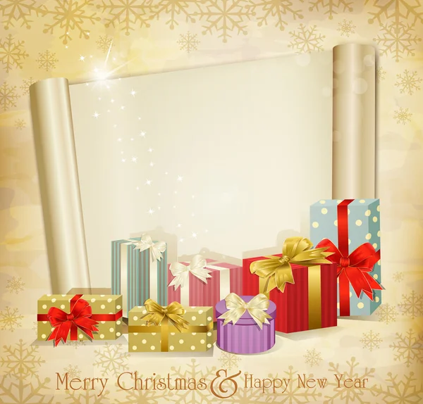 多くの贈り物とビンテージ クリスマス招待状をベクトルし、スクロール — ストックベクタ