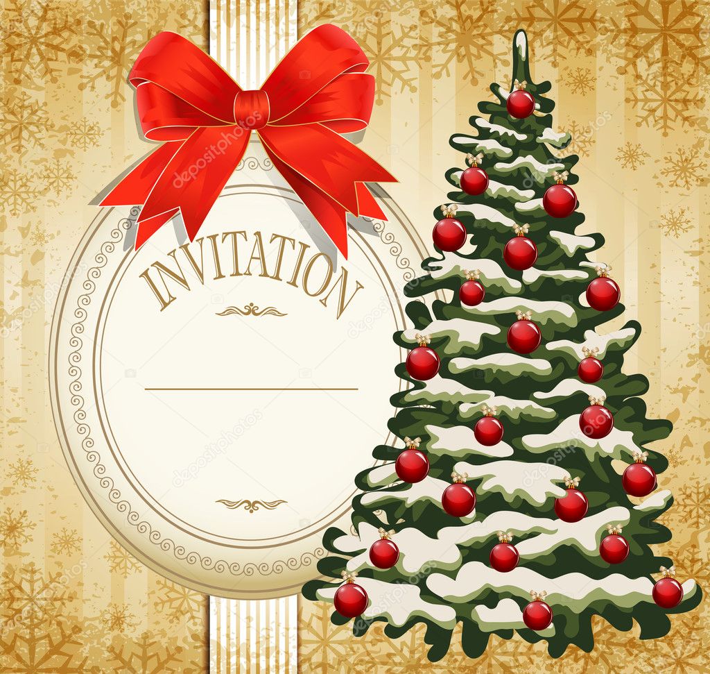 Vector festive invitation to the Christmas tree and red bow