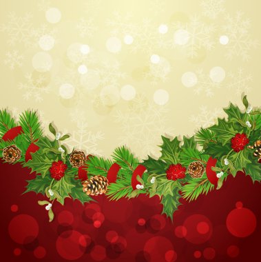 Vector holiday background with Christmas garland, hally and ball clipart