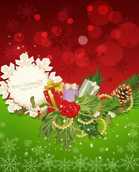 Vector holiday background, tree, pine cones, gifts, holly and the — стоковый вектор