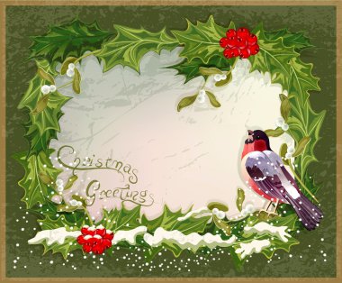 Vector old vintage postcard with holly and bullfinch clipart