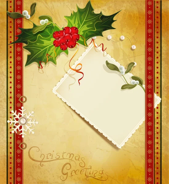 Saludo navideño con acebo y tarjeta de felicitación — Archivo Imágenes Vectoriales