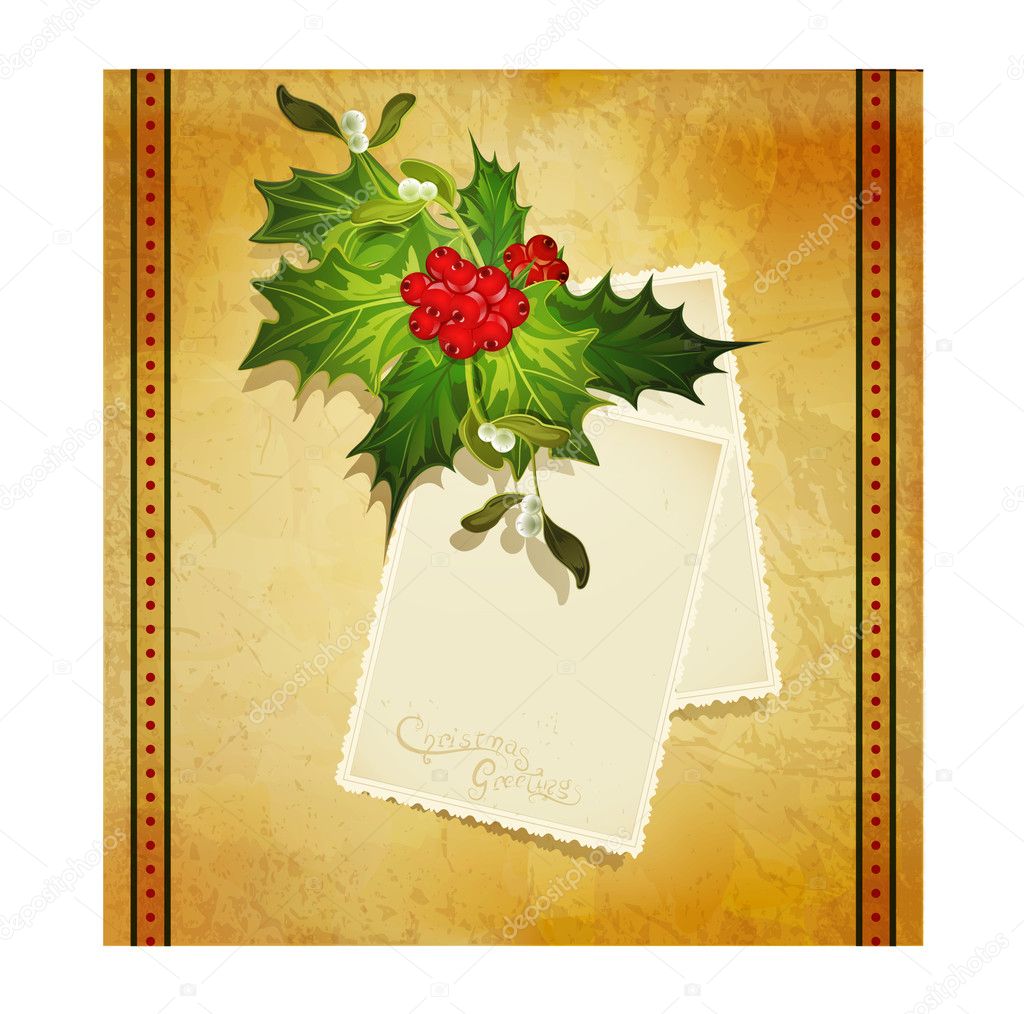 Christmas greeting with holly and a two greeting cards