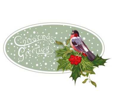 Vintage Christmas background with holly and bullfinch clipart