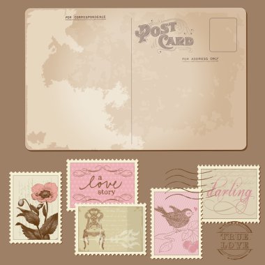 Vintage Postcard and Postage Stamps - for wedding design clipart