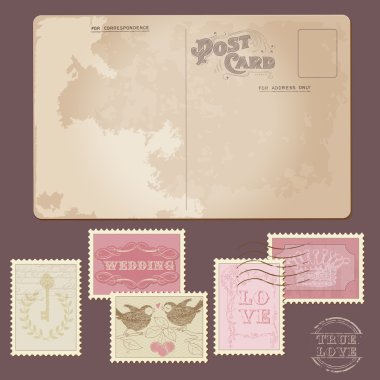 Vintage Postcard and Postage Stamps - for wedding design clipart