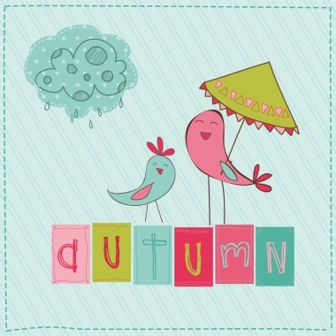 Autumn Cute Rainy Card with Birds and Autumn Sign in vector clipart