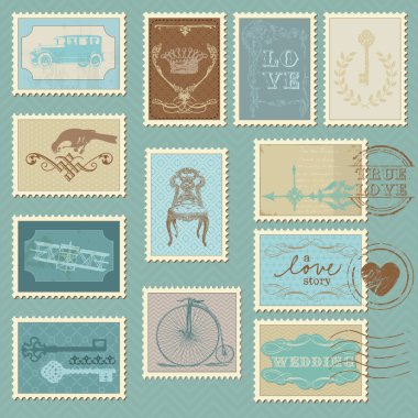 Retro Postage Stamps - for wedding design, invitation clipart
