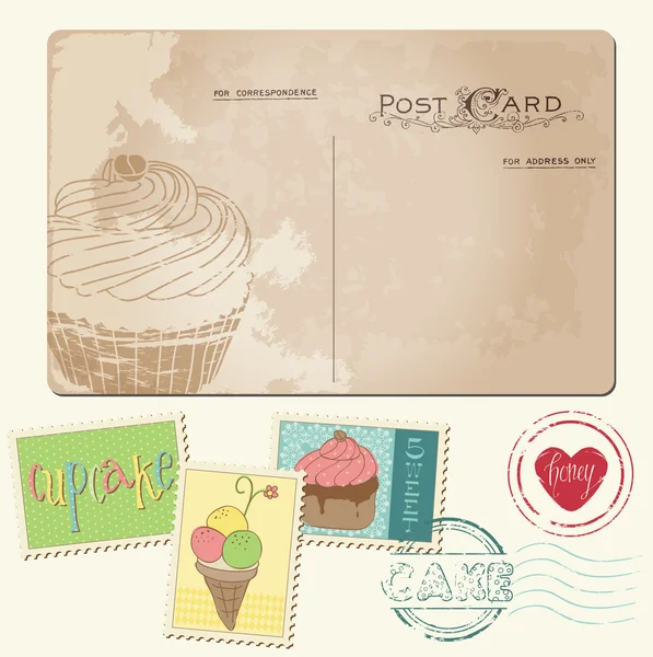 Set of cupcakes on old postcard, with stamps - for scrapbook — Stock Vector
