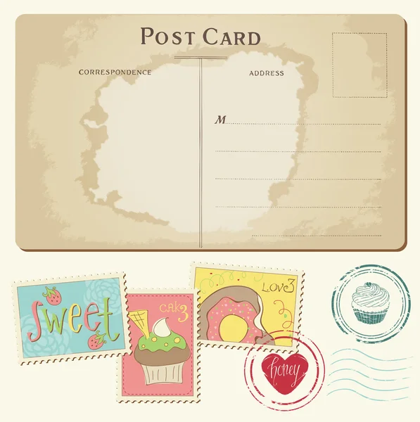 Conjunto de cupcakes em cartão postal antigo, com selos - para scrapbook — Vetor de Stock