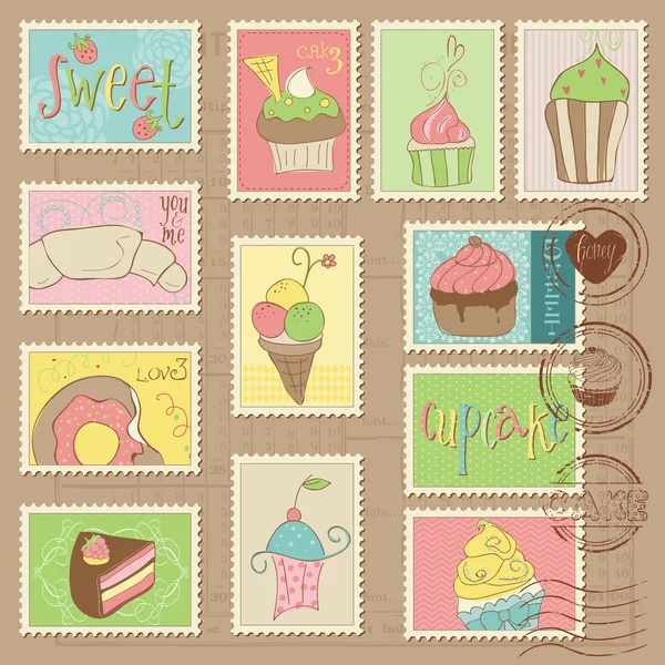 Sweet Cakes and Desserts Postage Stamps in vector — Stock Vector