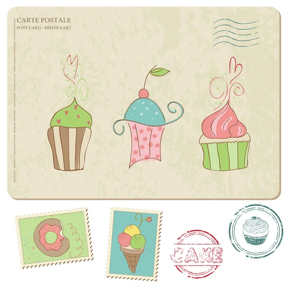 Set of cupcakes on old postcard, with stamps - for design — Stock Vector
