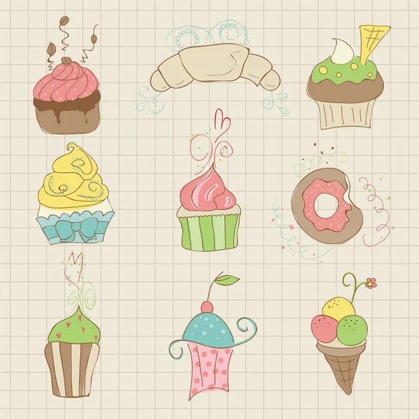 Set of Cute Cupcakes and Desserts - for design, scrapbook — Stock Vector