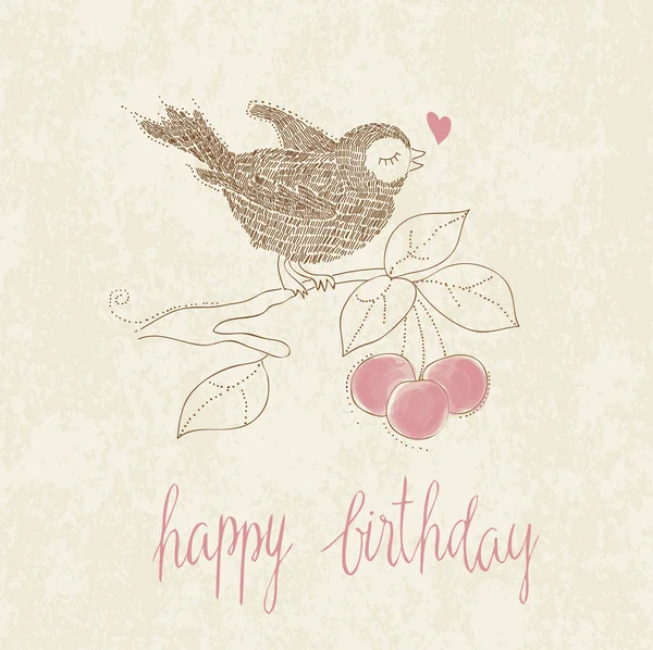Gratulationskort födelsedag med söt fågel i vector — Stock vektor
