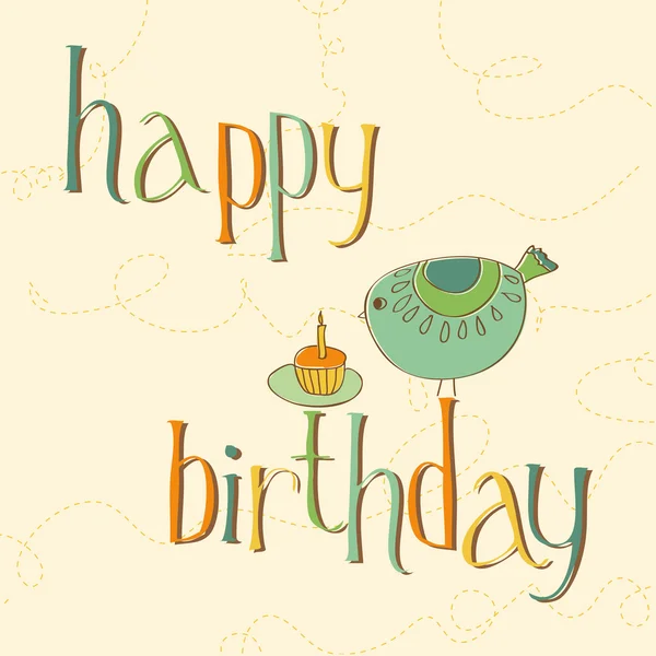 Verjaardag wenskaarten met schattige vogel en taart met kaars — Stockvector