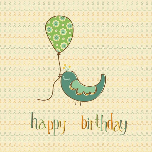 Carte de voeux d'anniversaire avec mignon oiseau tenant ballon vecteur — Image vectorielle