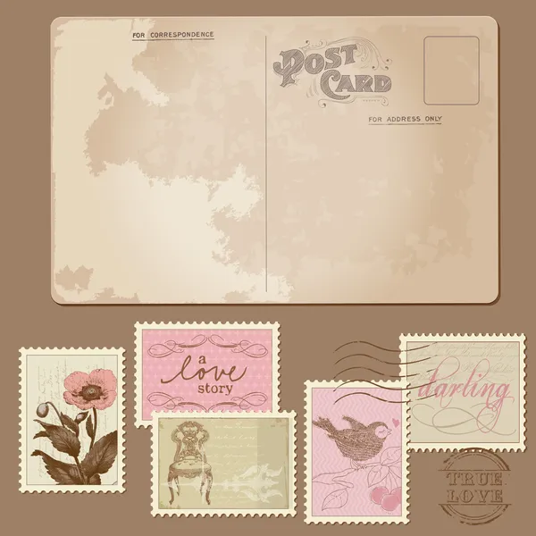 Vintage Postcard and Postage Stamps - for wedding design — Stock Vector