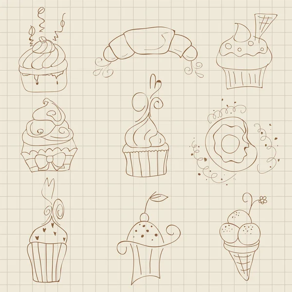 Sevimli kekler ve tatlılar - tasarım için albüm ayarla — Stok Vektör