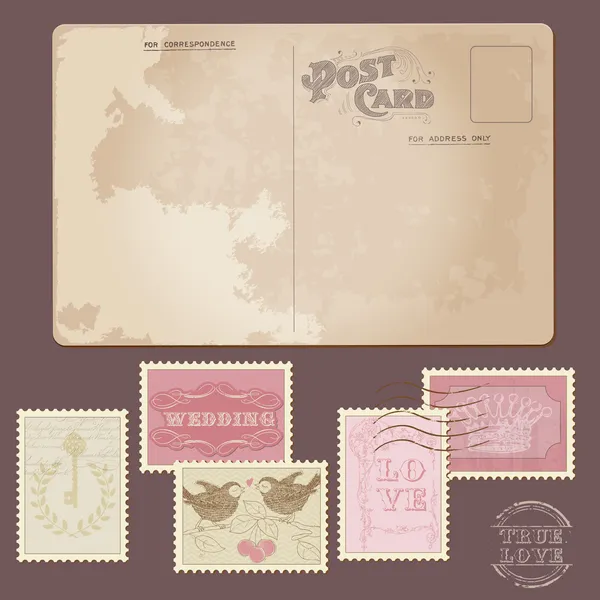 Vintage postcard en postzegels - voor bruiloft ontwerp — Stockvector