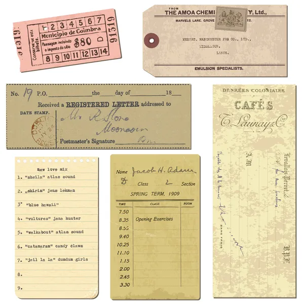 Παλιό χαρτί αντικείμενα - vintage εισιτήρια, γράμματα, σημειώσεις - για το σχεδιασμό — Διανυσματικό Αρχείο
