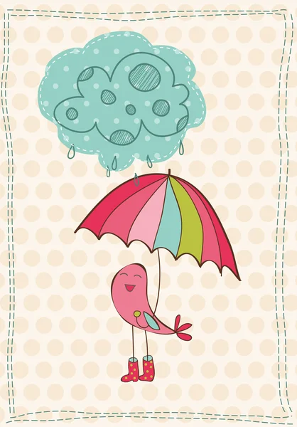Cartão de Outono com pássaro em botas de chuva - para scrapbook, design — Vetor de Stock