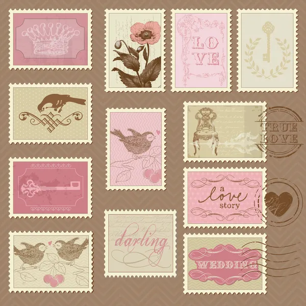 Ρετρό γραμματόσημα - για το σχεδιασμό του γάμου, πρόσκληση — Διανυσματικό Αρχείο