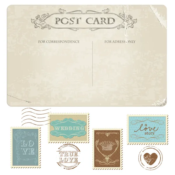 Cartão postal vintage e selos de correio - para design de casamento — Vetor de Stock