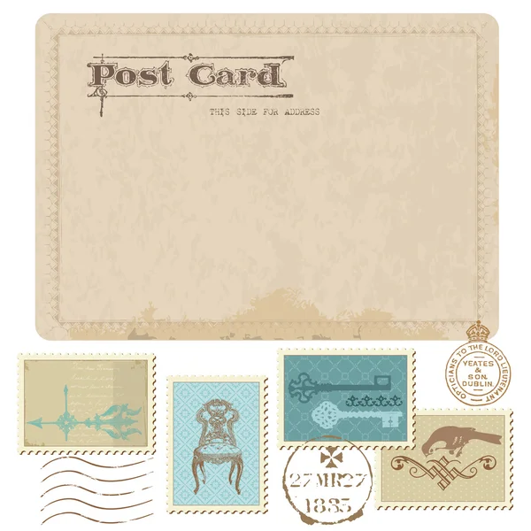 Cartão postal vintage e selos de correio - para design de casamento — Vetor de Stock