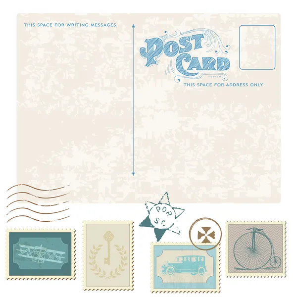 Cartão postal retro e selos de correio - para o projeto do casamento — Vetor de Stock