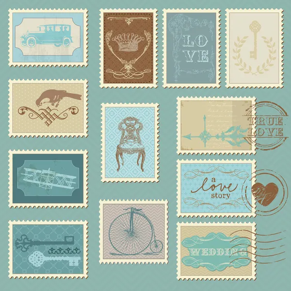 Selos de correio retro - para design de casamento, convite — Vetor de Stock