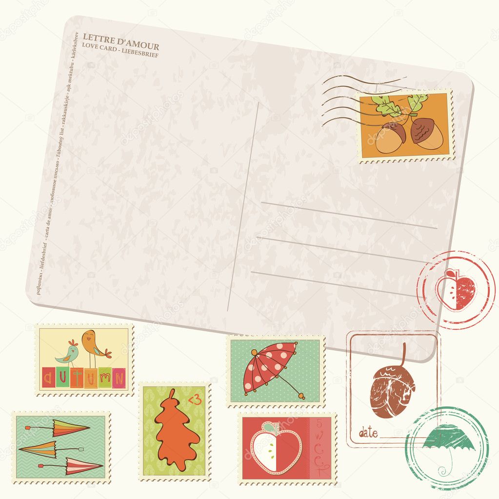 Vector autumn Postcard with stamps - set of beautiful autumn stamps