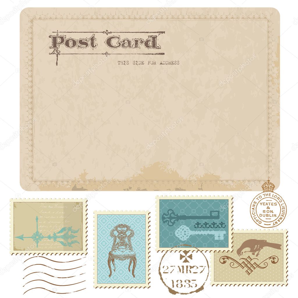 Vintage Postcard and Postage Stamps - for wedding design