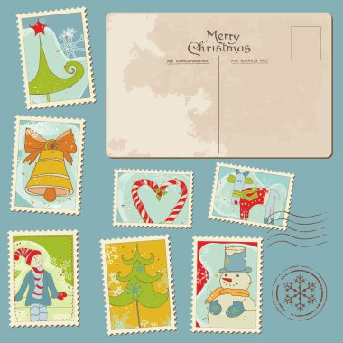 Vintage Christmas Stamps and Postcard - for scrapbook, design clipart