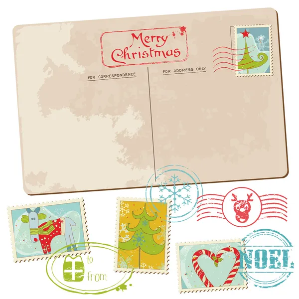 Vintage καρτ-ποστάλ Χριστούγεννα με γραμματόσημα - λευκώματος, σχεδιασμός — Διανυσματικό Αρχείο