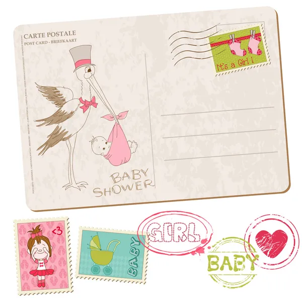 De kaart van de douche van baby meisje met set van postzegels — Stockvector
