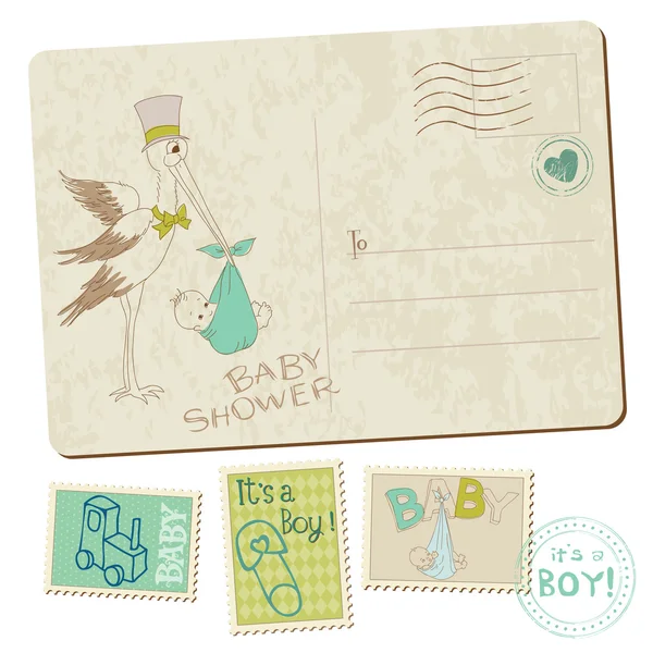 ビンテージ赤ちゃん男の子シャワーまたは到着の絵葉書をベクトルでコウノトリ — ストックベクタ