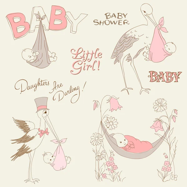 Vintage Baby Girl Душ і прибуття Doodles Набір елементів дизайну — стоковий вектор